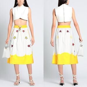 Mira Mikati midi skirt star embroidered yellow trim beaded tie waist size M or 8
